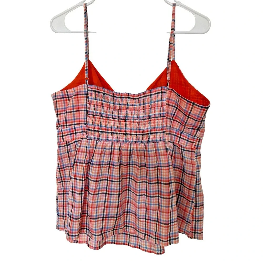Loft Womens Babydoll Top Size L Seersucker Plaid Smocked Preppy Cottage‎ Retro